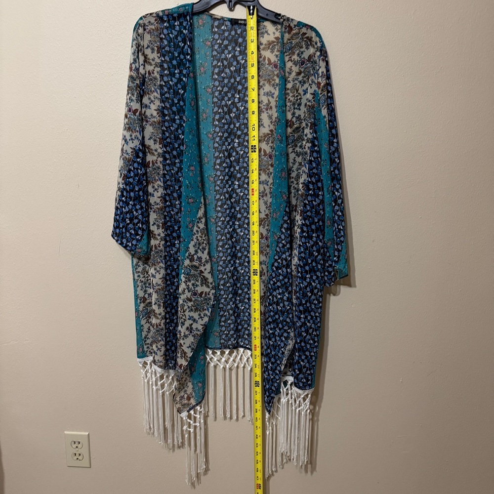 Ing Blue and White Fringe Trim Poncho - Picture 5 of 11
